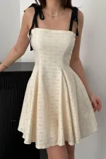 Toptan Bej Omzu Bağcıklı Elbise