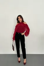 Toptan Bordo Omuzları Açık Bluz
