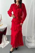 Toptan Kırmızı Fırfırlı Şifon Takım