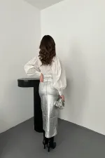 Jupe fendue en gabardine dorée argentée en gros