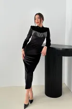 Toptan Siyah Kadife Işıltılı Elbise