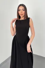 Robe mi-longue plissée noire en lin, vente en gros