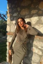 Toptan Haki Pencere Detaylı Büzgülü Elbise