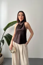 Toptan Kahverengi Degaje Saten Bluz