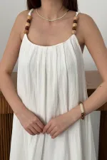 Toptan Ekru Askılı Müslin Elbise