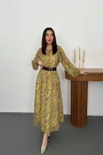 Toptan Yeşil Fırfırlı Şifon Elbise