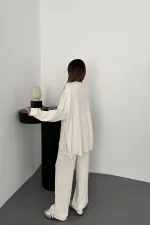 Toptan Ekru Klasik Fitilli Kazak Ve Pantolon Takım