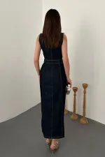 Toptan Lacivert Düğmeli Kot Elbise