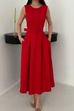 Toptan Kırmızı Halter Yaka Kloş Elbise