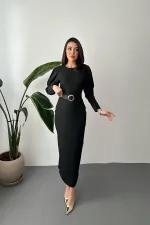 Toptan Siyah Kol Tepesi Pileli Kemerli Elbise