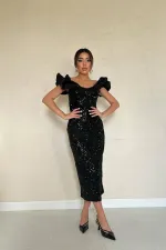 Robe noire sans manches à paillettes en gros