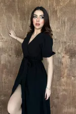 Toptan Siyah Kruvaze Yaka Müslin Keten Elbise