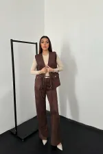 Toptan Kahverengi Süet Yelek Pantolon Takım