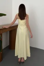 Toptan Sarı Yırtmaçlı Göğüs Kuplu Atlas Elbise