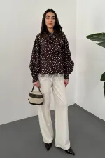 Toptan Kahverengi Puantiyeli Dantelli Gömlek