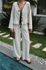 Toptan Bej Fiyonklu Keten Takım