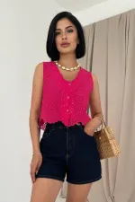 Toptan Fuşya Sıfır Kol Brode Bluz