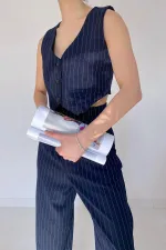 Wholesale Navy Blue Striped Jacket & Vest and Trouser Set