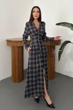 Toptan Lacivert Pileli Ekoseli Elbise