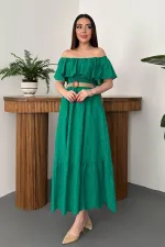 Robe brodée verte à épaules élastiques en gros
