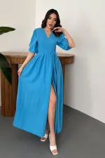 Robe longue bleue en mousseline de mousseline en gros