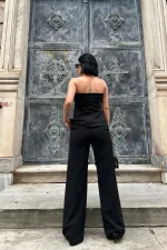 Ensemble haut court et pantalon boutonné sans bretelles noir en gros