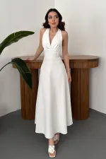 Toptan Ekru Atlas Göğüs Kuplu Elbise