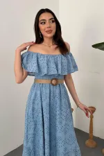 Wholesale Baby Blue Elastic Shoulder Embroidered Dress