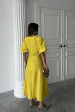 Toptan Sarı Işıltılı Kemerli Kruvaze Elbise