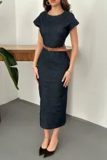 Toptan Mavi İnce Kot Uzun Elbise