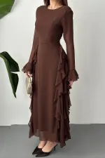 Toptan Kahverengi Volanlı Şifon Elbise