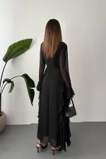Toptan Siyah Volanlı Şifon Elbise