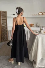 Toptan Siyah Askılı Müslin Elbise