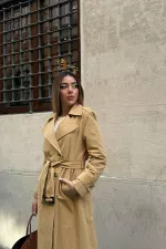 Toptan Camel Uzun Kemerli Trençkot