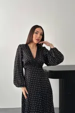 Toptan Siyah Saten Puantiyeli Dantel Detaylı Elbise