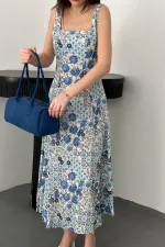 Toptan Mavi Çiçekli Viskon Elbise