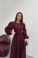 Toptan Mürdüm Kare Kabartmalı Simli Uzun Elbise