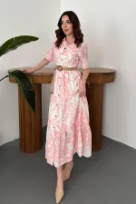 Toptan Pembe Brodeli Kolları Bağcıklı Elbise