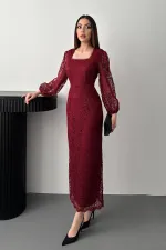Toptan Bordo Güpür Detaylı Dantel Elbise