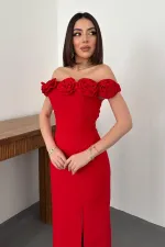 Toptan Kırmızı Madonna Yaka Güllü Elbise