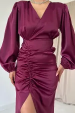 Robe en satin violet à col en V en gros