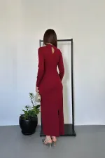 Toptan Bordo Beli Tokalı Elbise