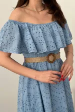 Wholesale Baby Blue Elastic Shoulder Embroidered Dress