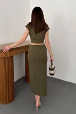 Toptan Haki Keten Gömlek Ve Etek Takım