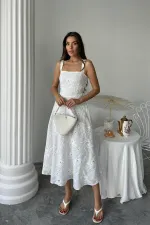 Toptan Beyaz Arkası Korse Detaylı Uzun Elbise