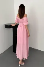 Robe en mousseline de lin rose à col froncé, vente en gros
