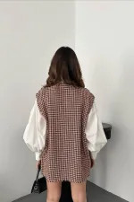 Ensemble gilet et short à motif pied-de-poule marron en gros