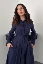 Toptan Lacivert Düğmeli Poplin Elbise