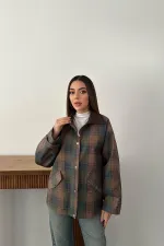 Wholesale Burgundy Collar Plaid Jacket with Garnish
