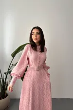 Toptan Pudra Kemer Detaylı Uzun Elbise